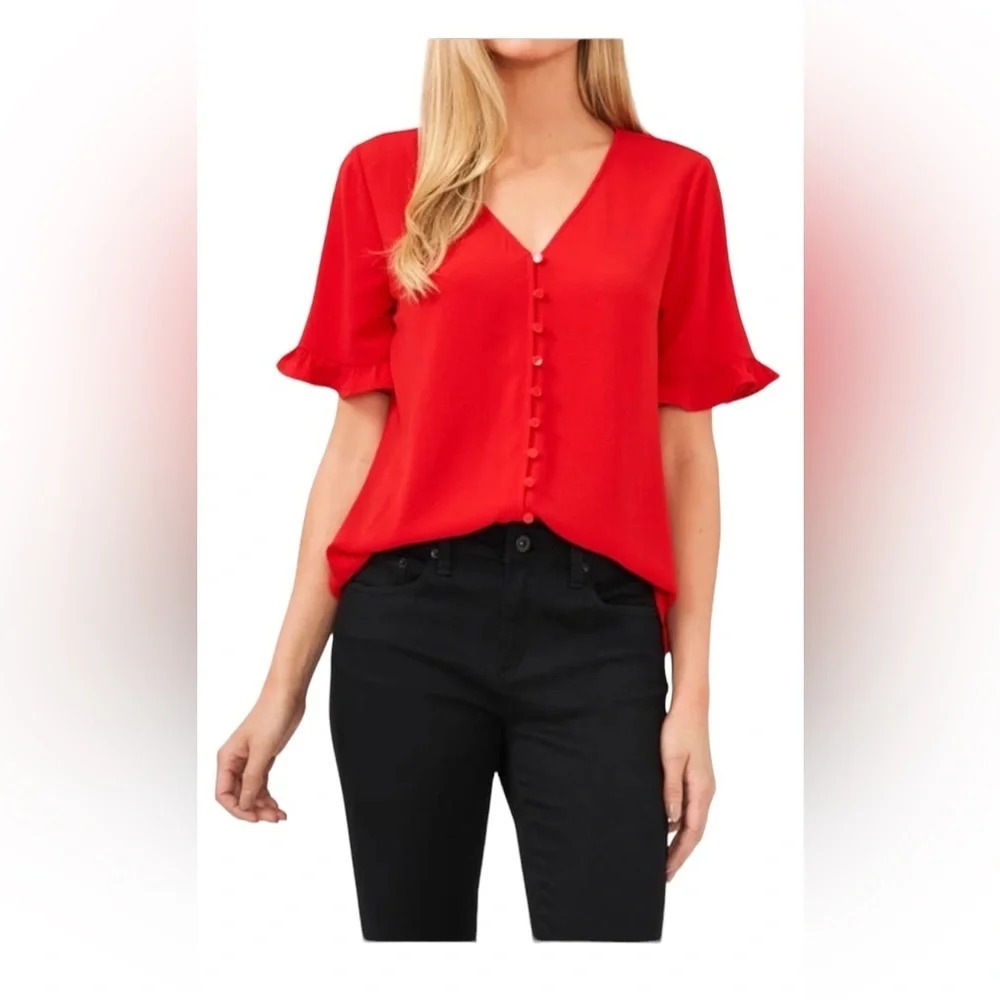 short sleeve red button up cece blouse size xs in excellent like-new condition